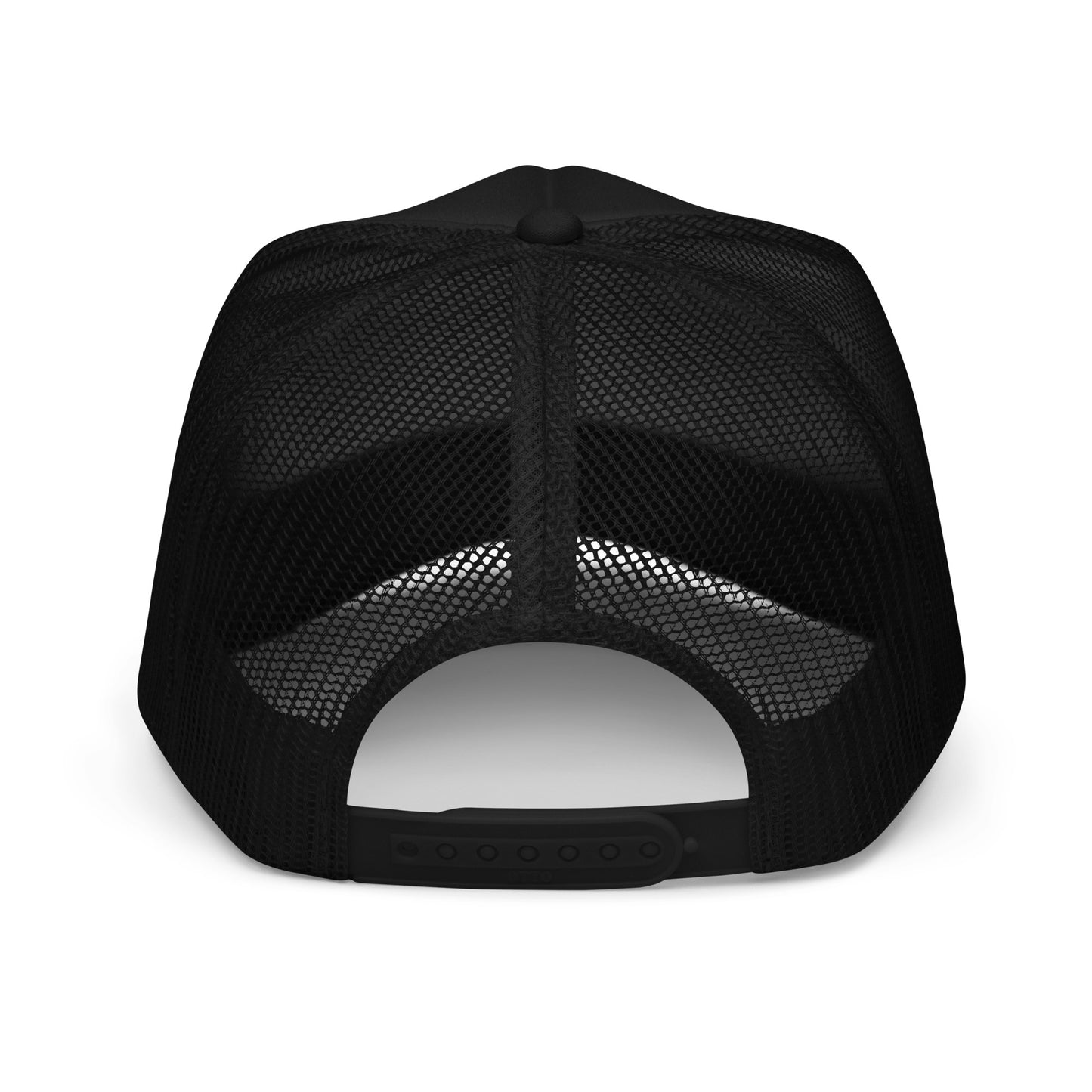 Back view of the black It's 1 Louder foam trucker hat showing the mesh back and snapback closure