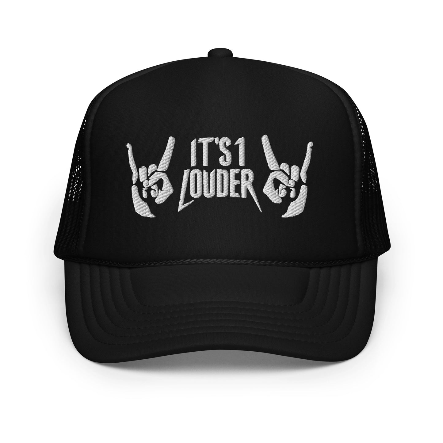 Front view of a black cap. In the center of the cap is embroidered the words IT'S 1 LOUDER and to the right of it is a hand doing the rock and roll symbol and to the left of the words is a hand doing the rock and roll devils horns symbol. Embroidery of the design is in white. Wearing the cap will give off a rock and roll look for sure. 