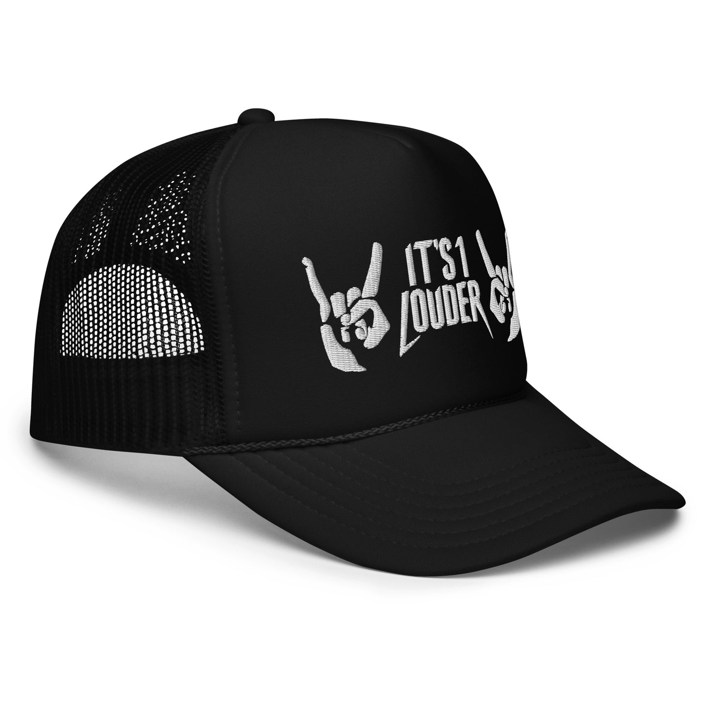 A side view of a black cap. In the center of the cap is embroidered the words IT'S 1 LOUDER and to the right of it is a hang doing the rock and roll symbol and to the left of the words is a hand doing the rock and roll devils horns symbol. Embroidery of the design is in white. Wearing the cap will give off a rock and roll look for sure.