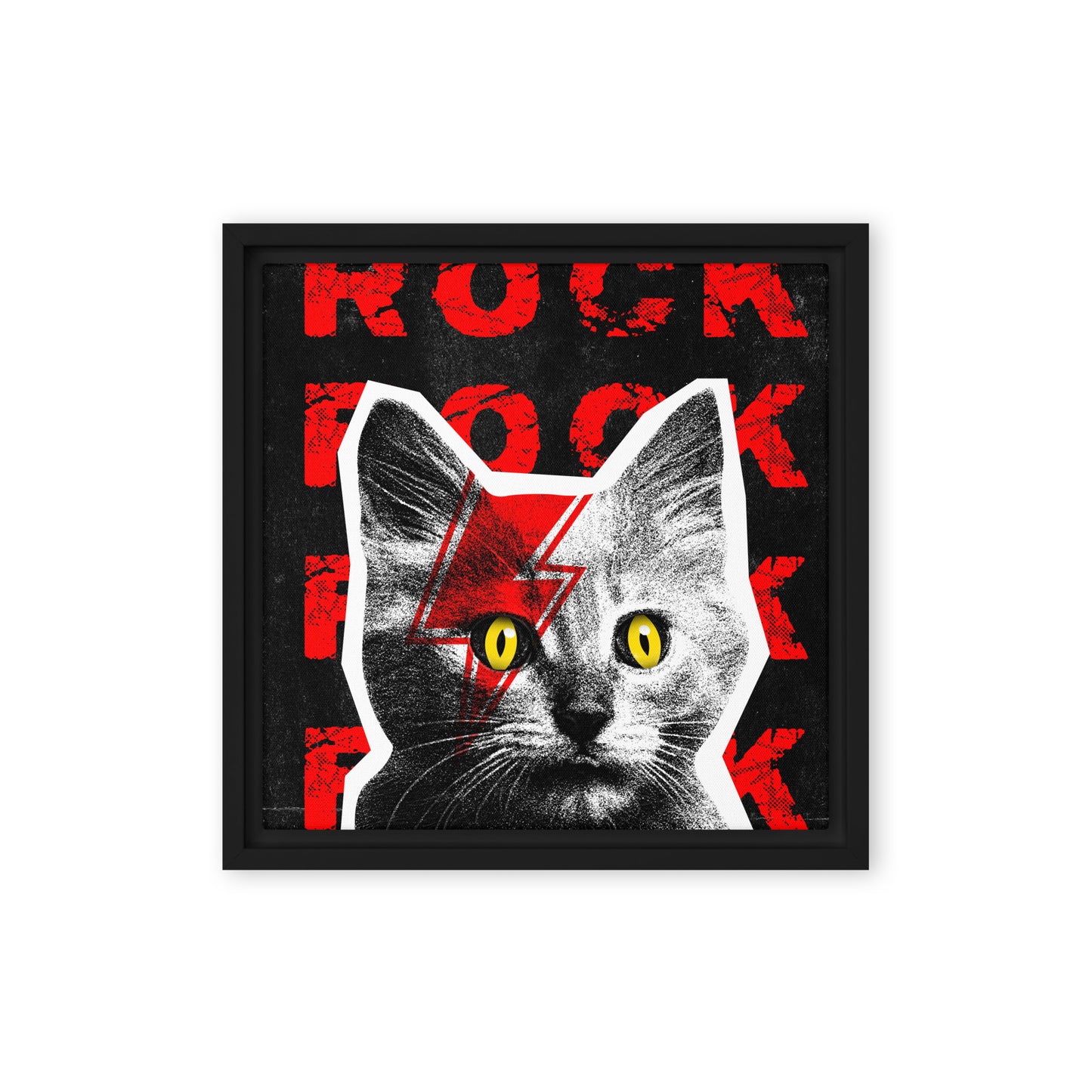 Rock Cat-titude framed canvas wall art with punk cat face paint - 12x12 black frame rock decor