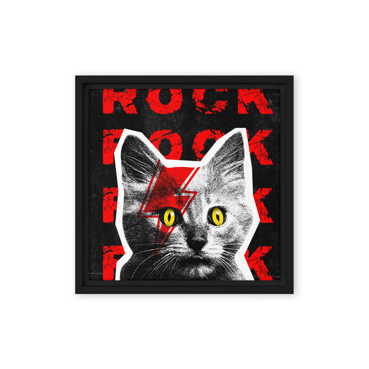 Rock Cat-titude framed canvas wall art with punk cat face paint - 12x12 black frame rock decor