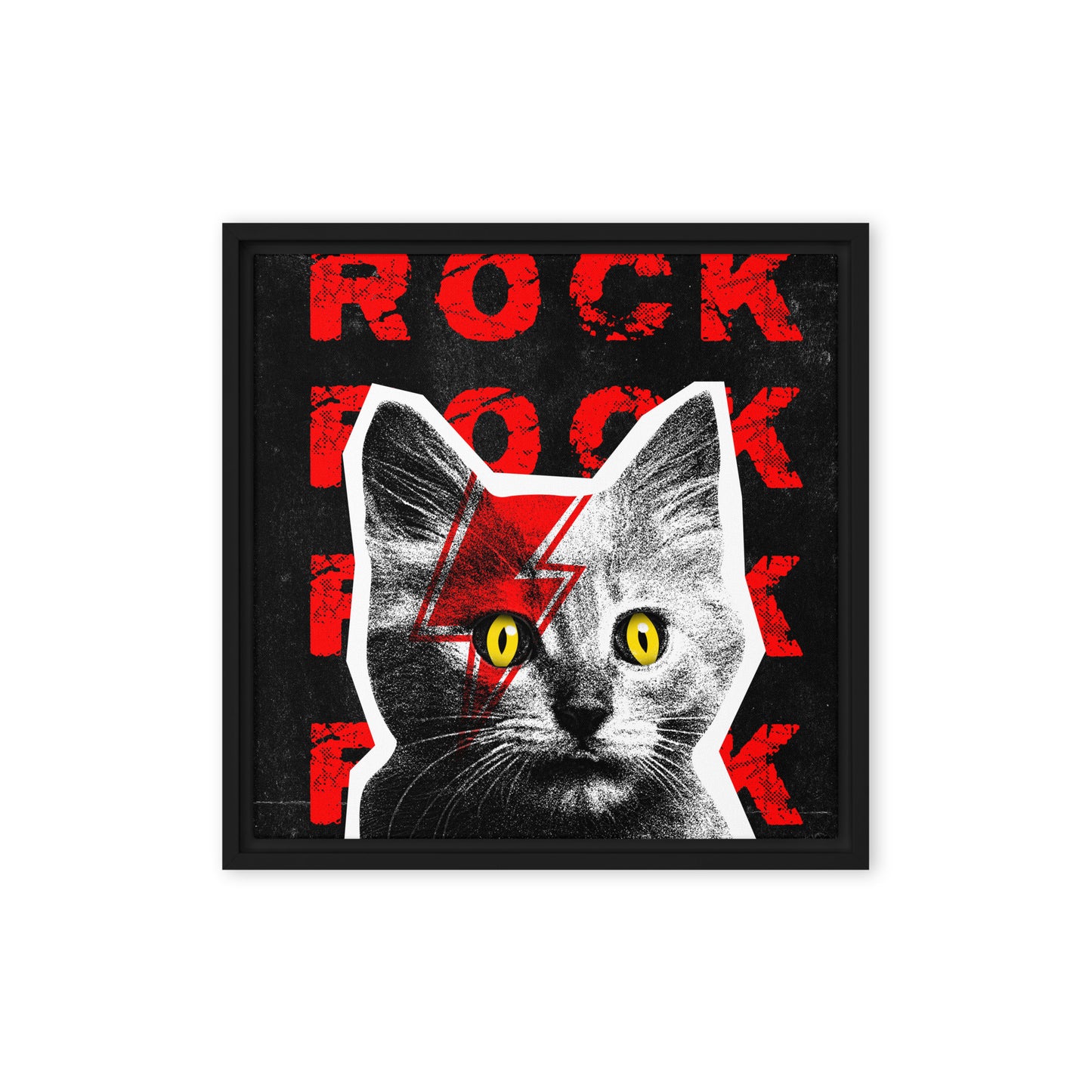 Rock Cat-titude framed canvas with cat design - 16x16 black frame rock and roll wall decor
