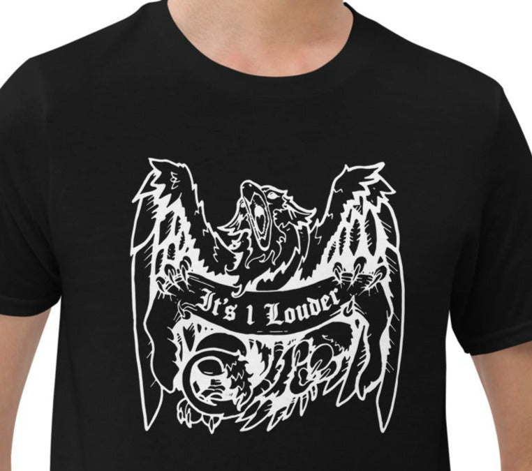 Asian man wearing a black short sleeve shirt with an image of a griffin which is a half-eagle half lion beast. The griffin is holding a banner. The words "It's 1 Louder" is written on the banner. The griffin has its wings spread wide and beak fully open. Wearing this tee will give you a rock and roll attire.