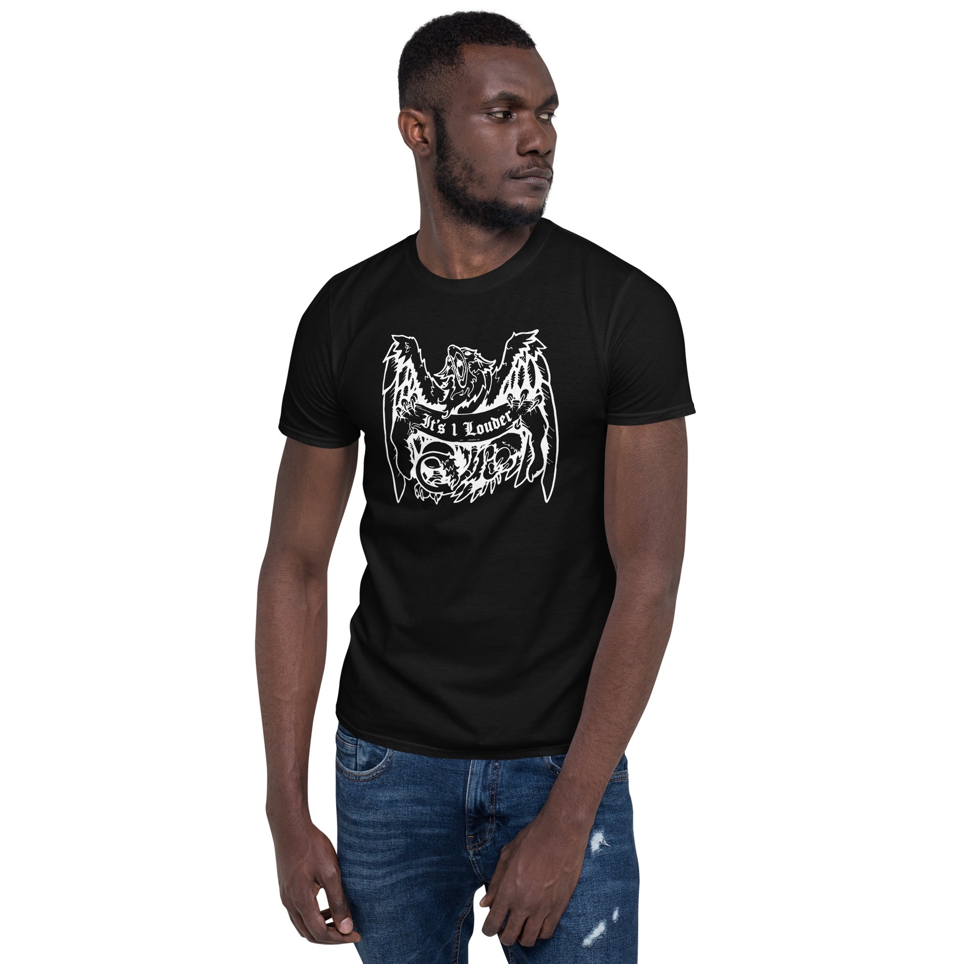 Black man is looking off to his left and is wearing a black rock and roll t shirt with a white image of a griffin that is holding a banner with the words "It's 1 Louder" written on it. This rock tee would fit any rockstar clothing category.