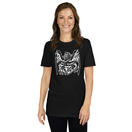 Black unisex band t-shirt with the gothic Griffin illustration and 'It's 1 Louder' banner, classic crew neck heavy metal streetwear for metalheads and rock fans.