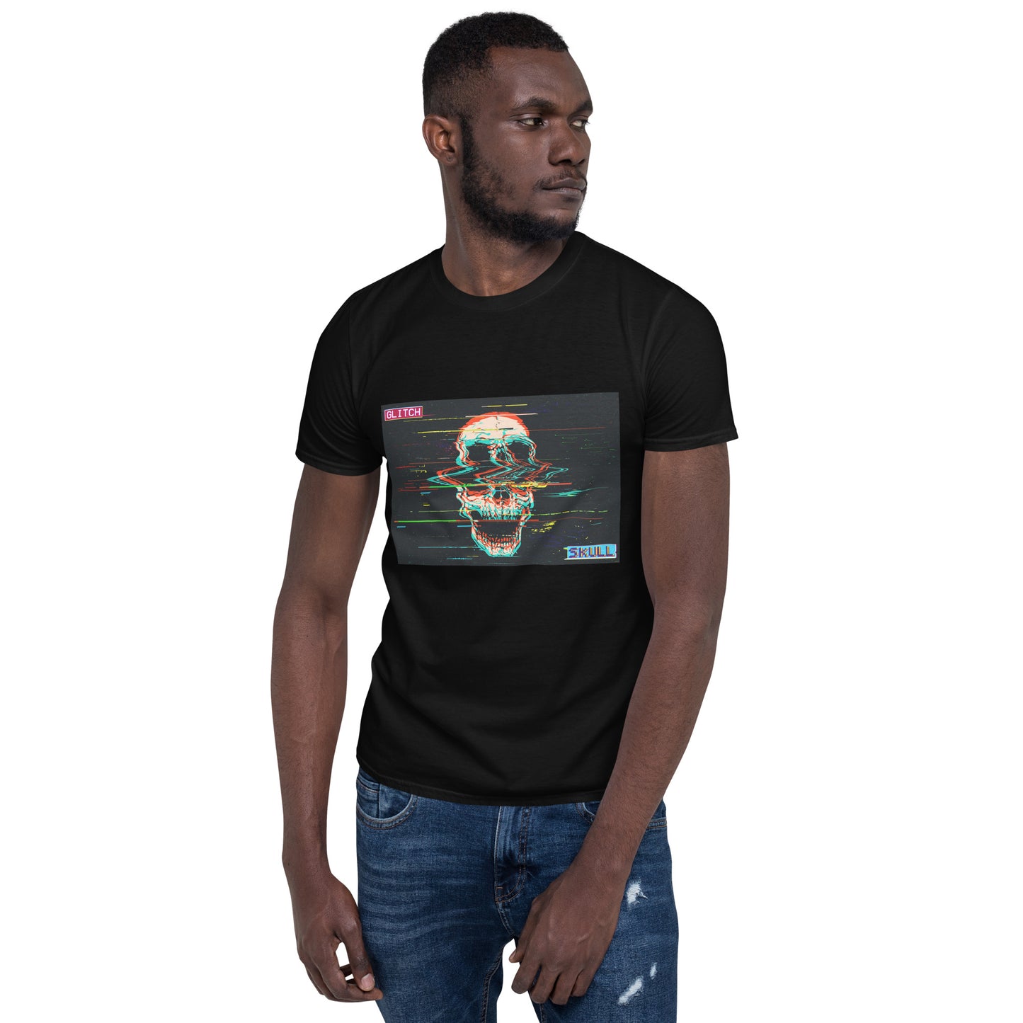 Man wearing a black t-shirt with a colorful skull design on a white background