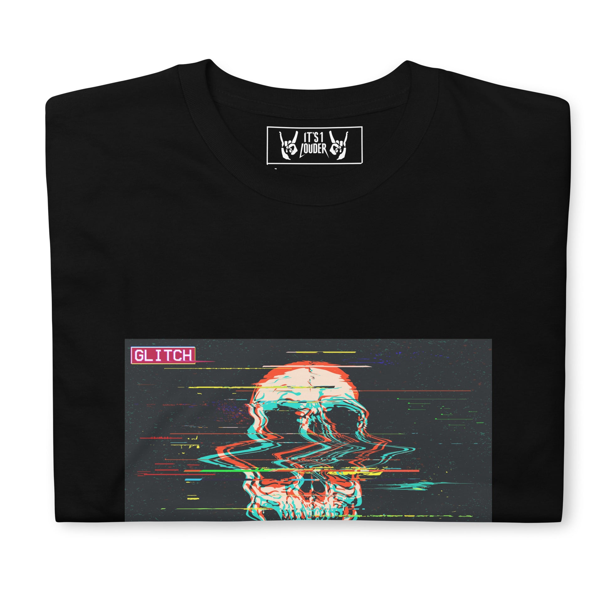 Black t-shirt with a digital skull design and 'GLITCH' text on a white background