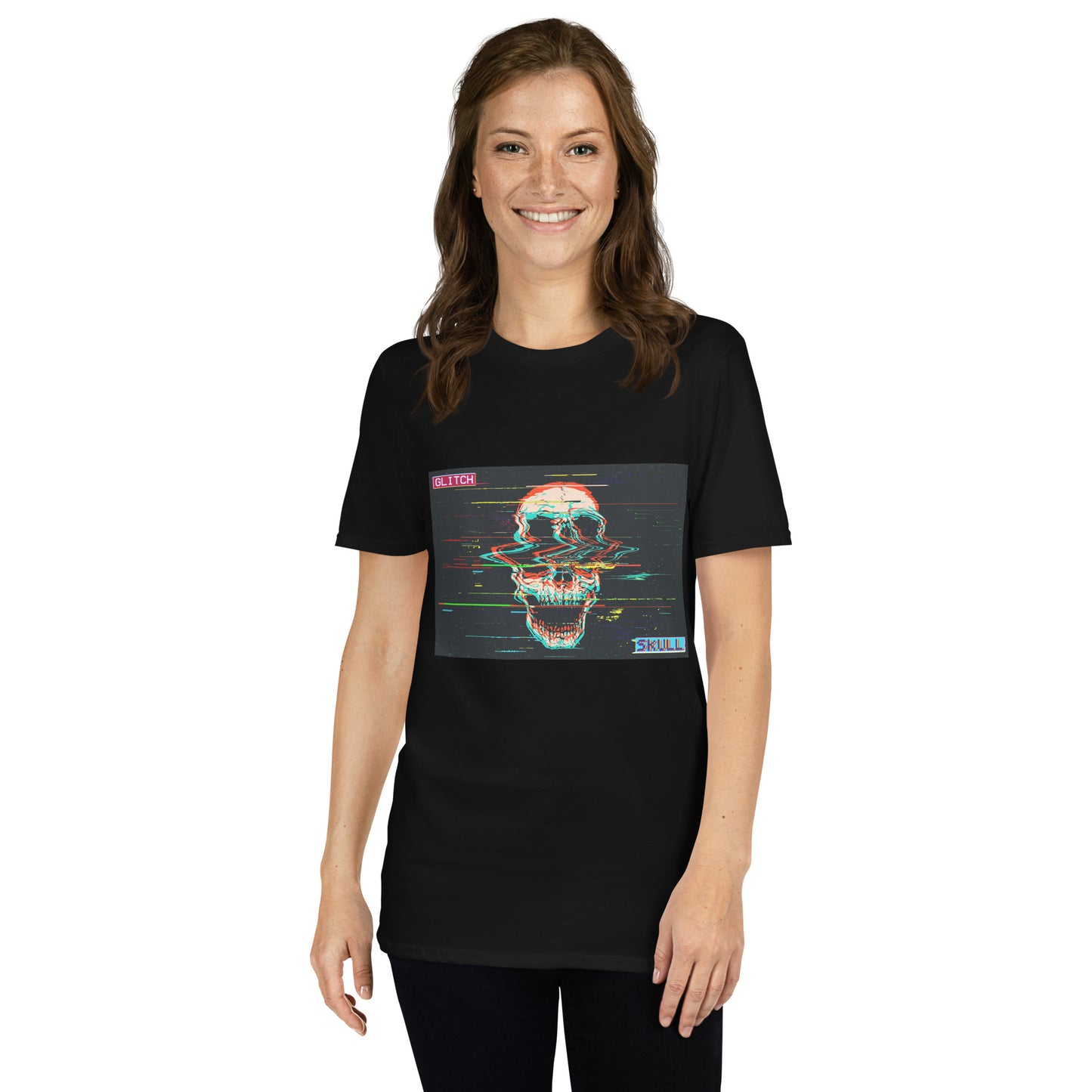 Person wearing a black t-shirt with a colorful skull design on a white background