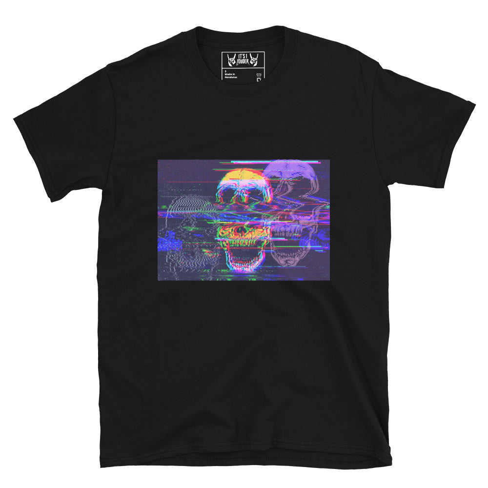 Black t-shirt with a colorful skull graphic design on a white background