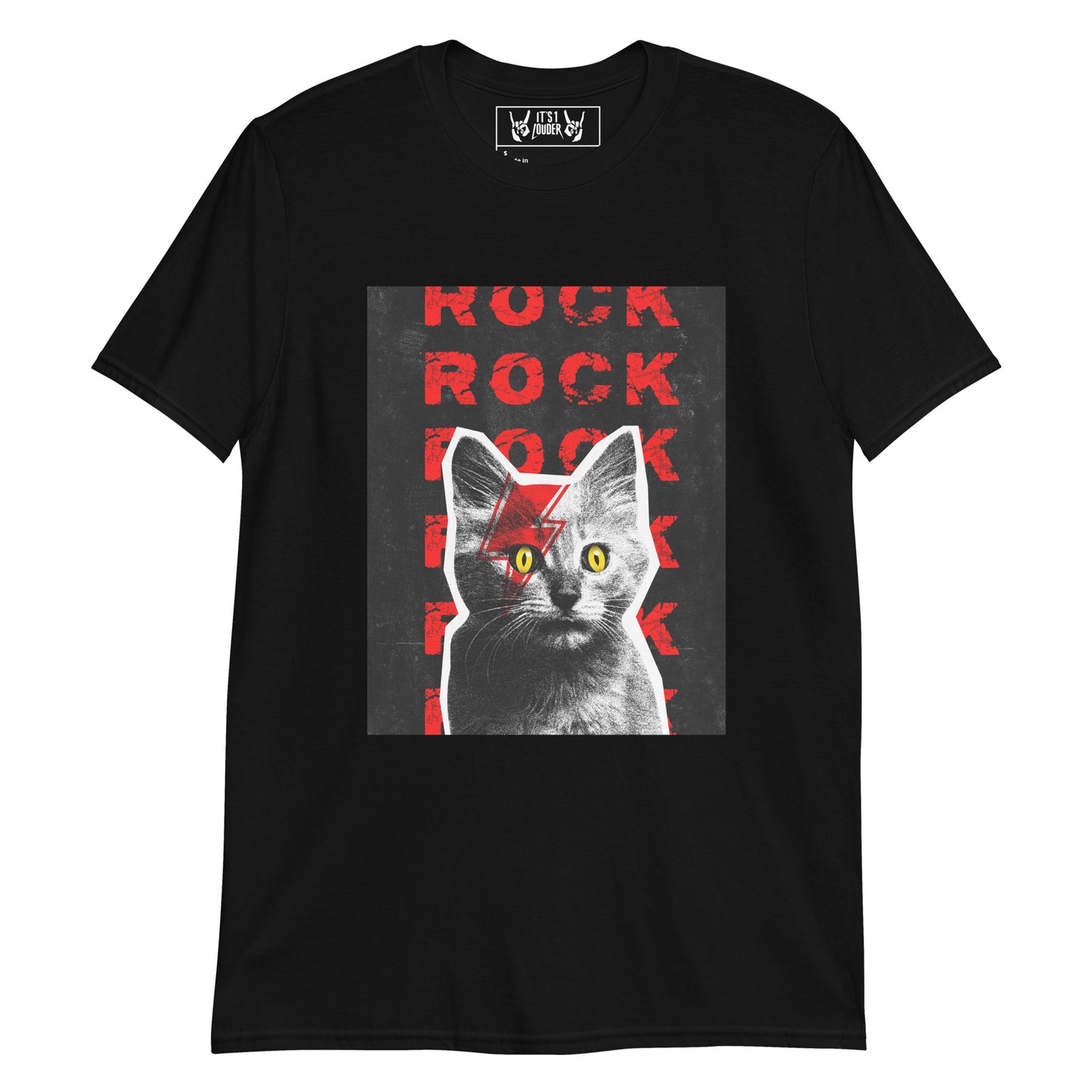 Black t-shirt with a graphic of a cat that's face painted and 'Rock' text on a white background