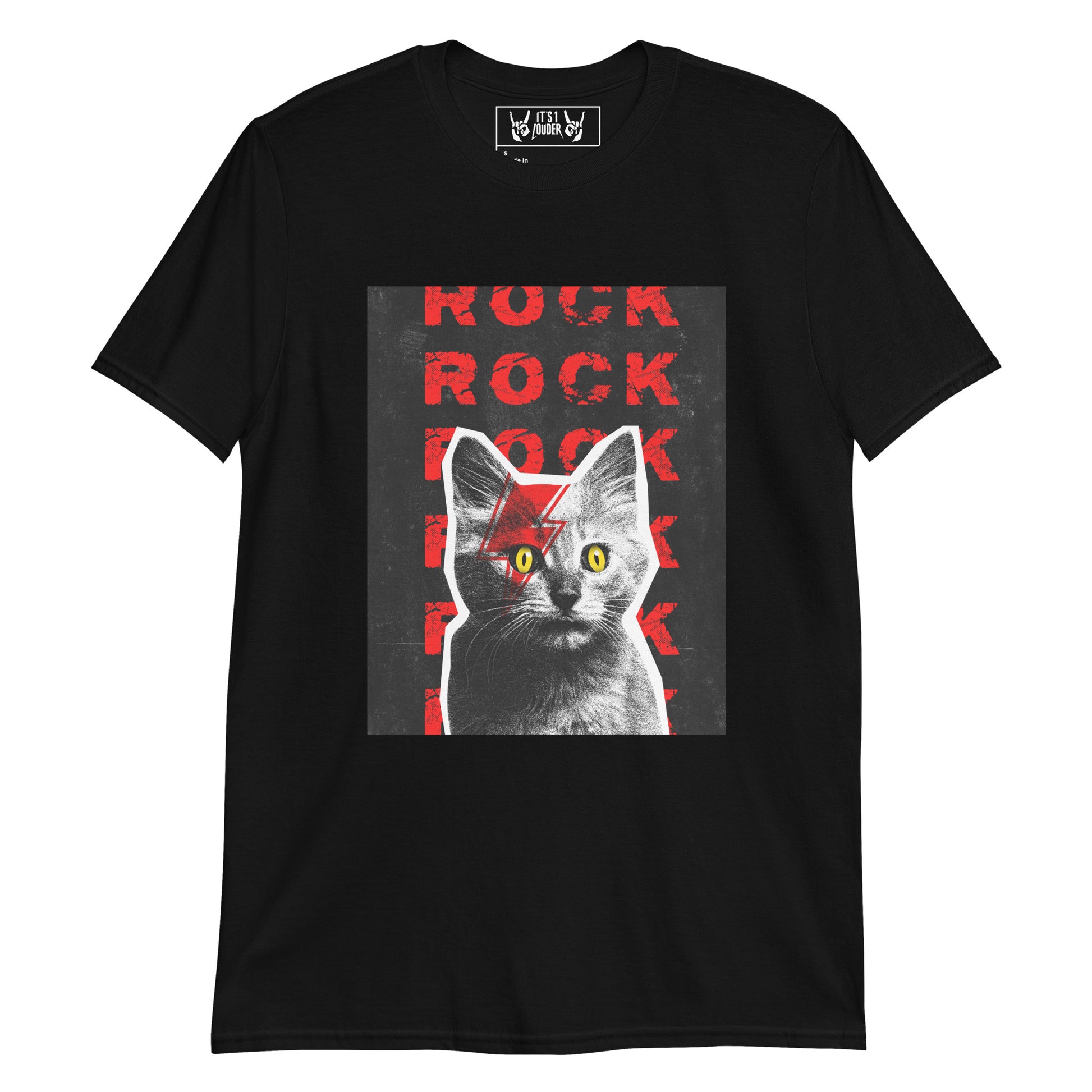 Black t-shirt with a graphic of a cat that's face painted and 'Rock' text on a white background