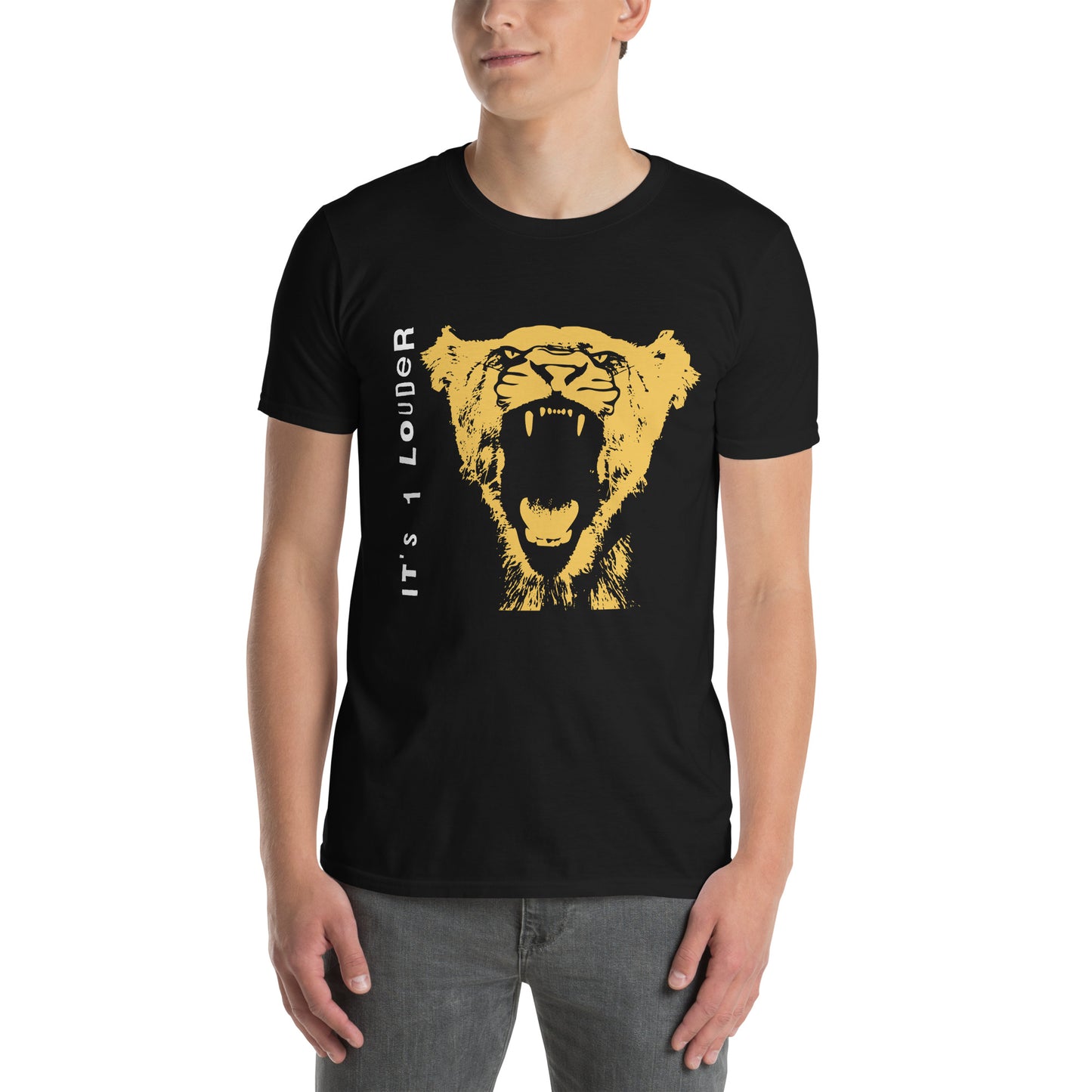 Male model wearing the black Rock and Roar tee with gold big cat print, front view
