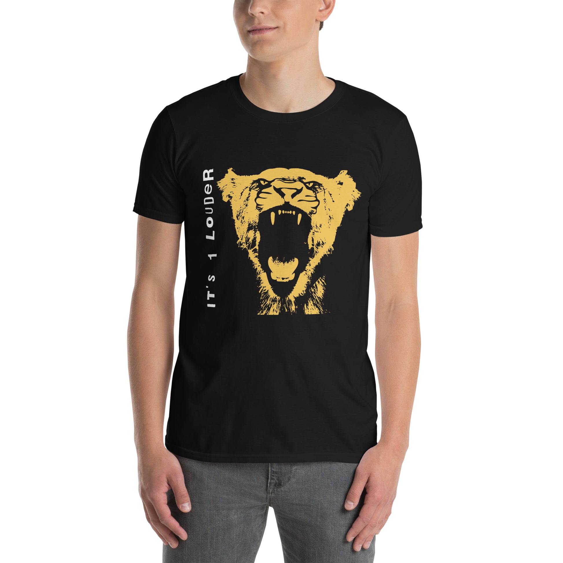 Male model wearing the black Rock and Roar tee with gold big cat print, front view