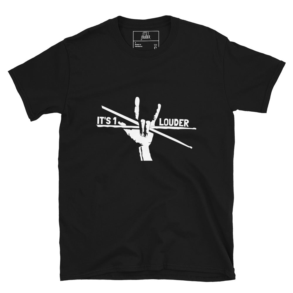 Flat front view of the black Drumsticks tee with white rock hand and drumsticks graphic