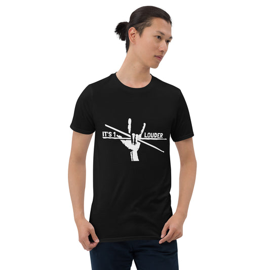 Male model wearing the black Drumsticks tee with white IT'S 1 LOUDER drumsticks print