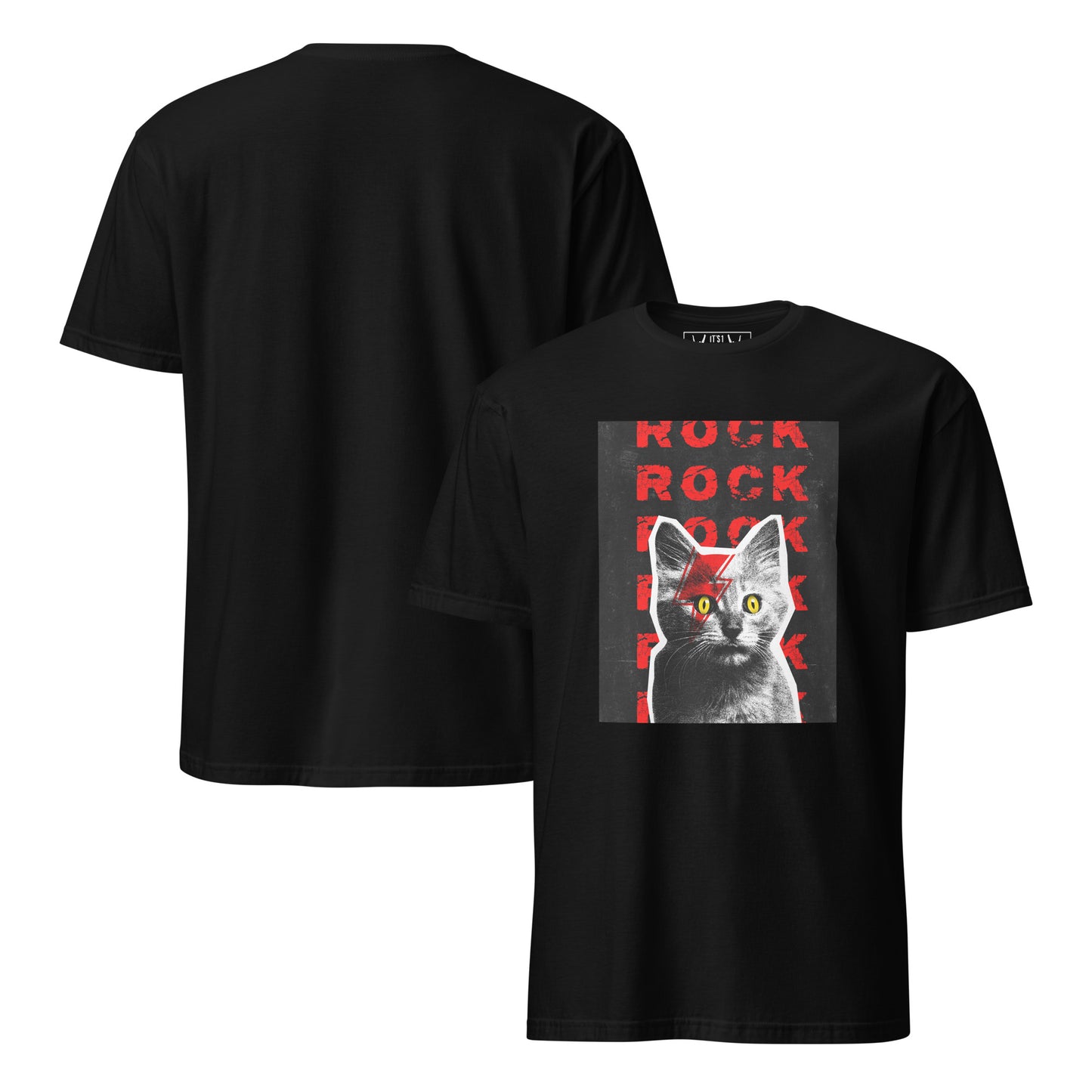 Rock Cat-titude black tee front and back - punk rock cat graphic