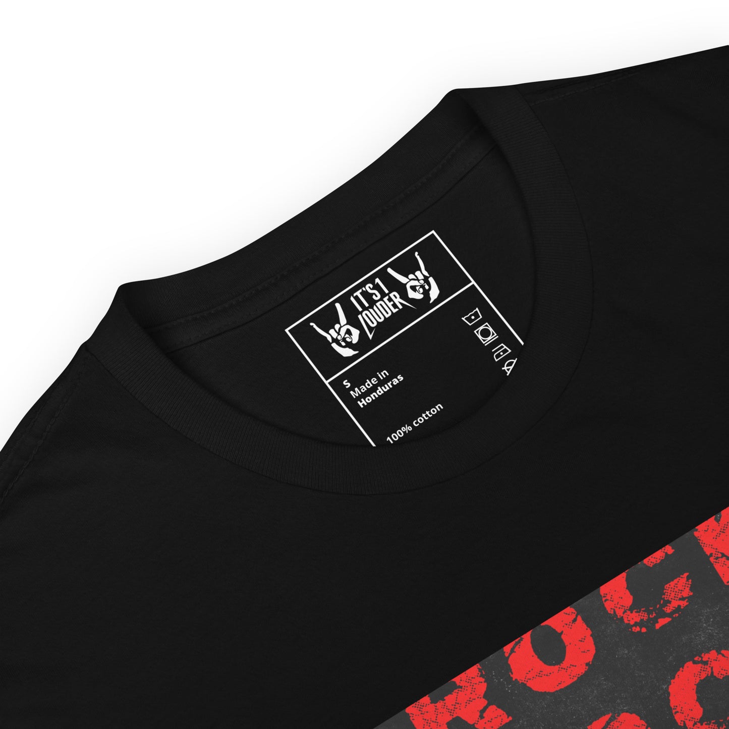 Black rock cat t-shirt close-up - detail view of graphic