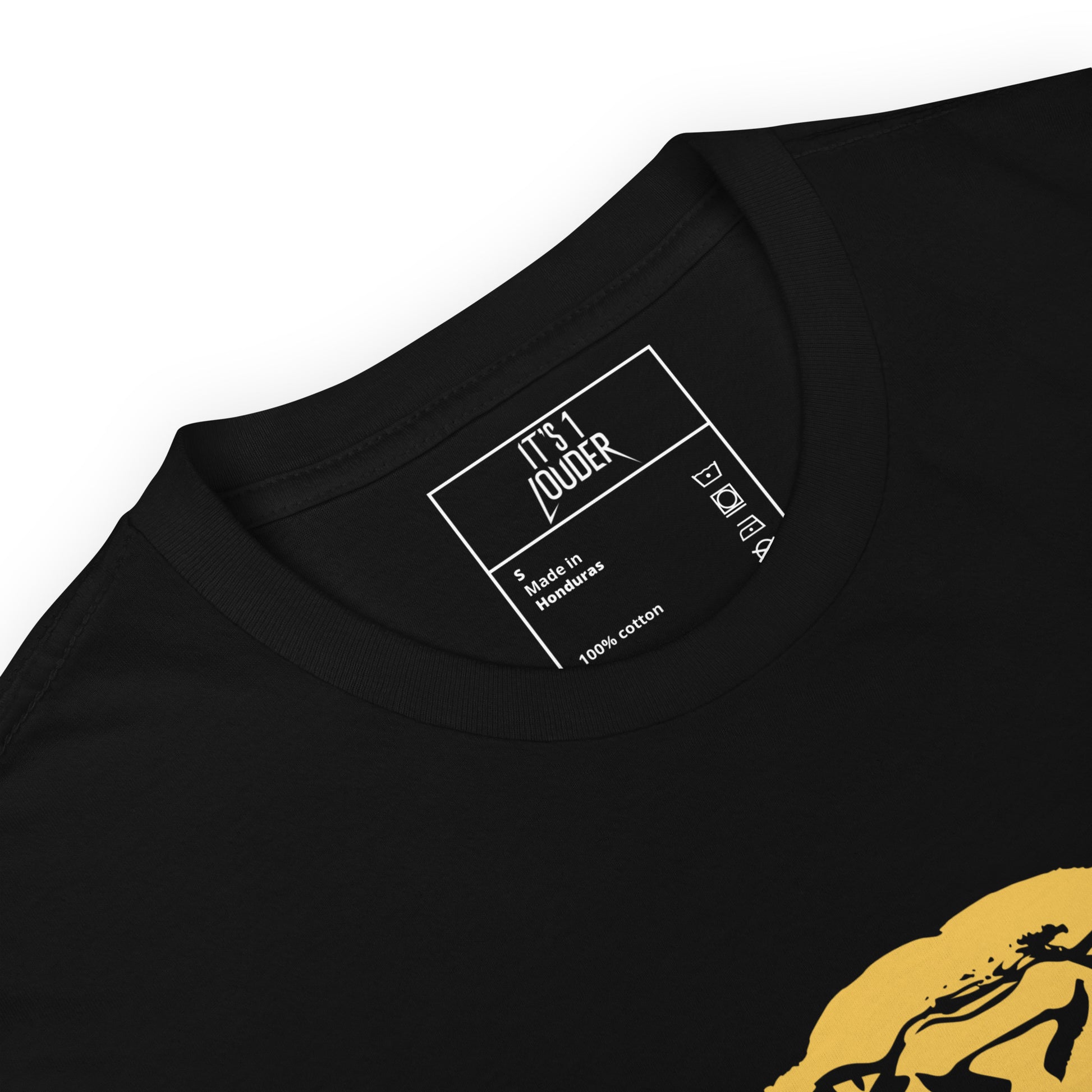 Close-up of the gold big cat print and It's 1 Louder neck label on the black tee