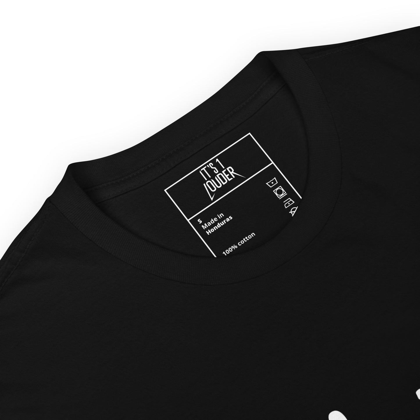 Close-up of the It's 1 Louder neck label inside the black Drumsticks tee