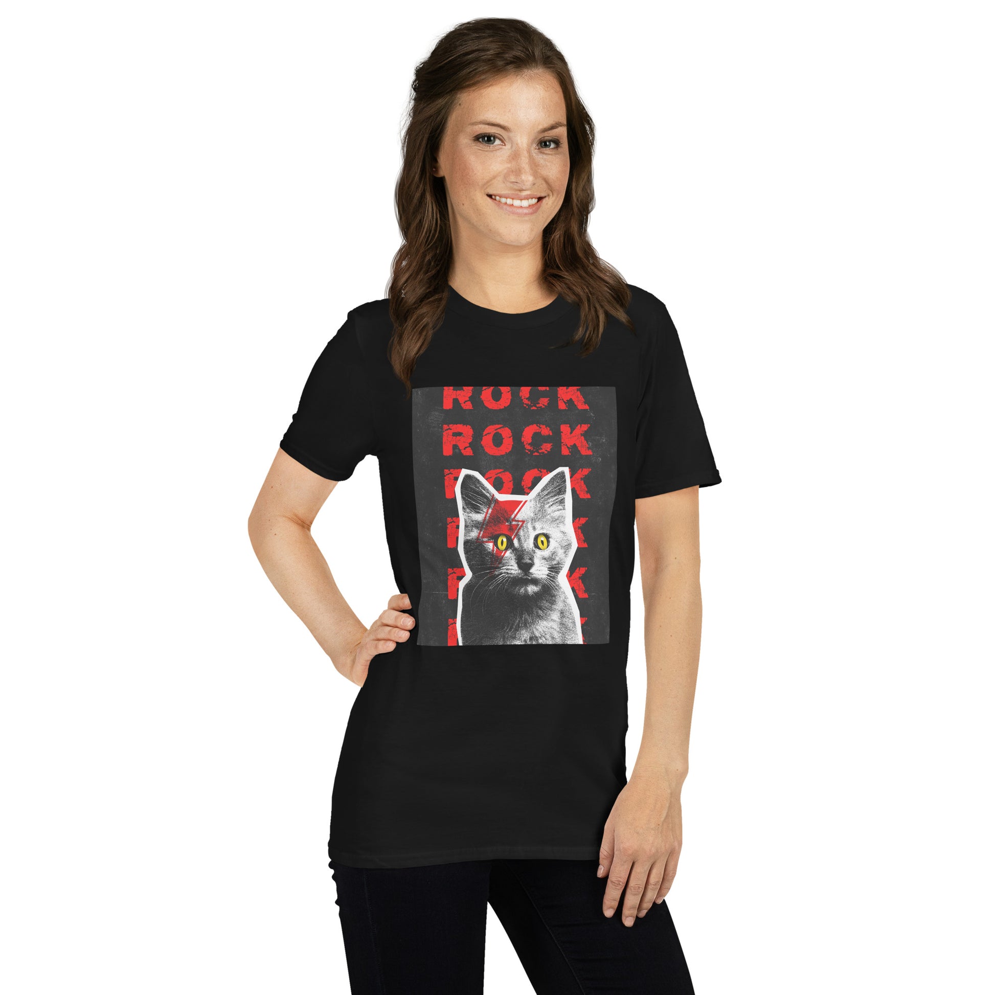 Woman wearing black tee - punk cat face paint design