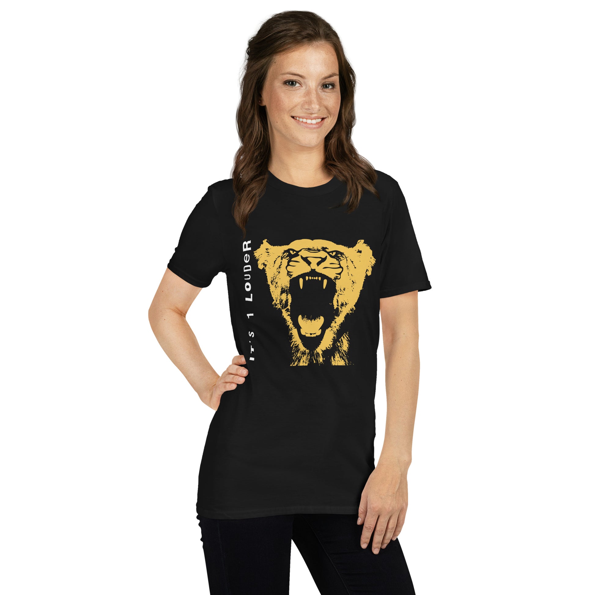 Model wearing the black Rock and Roar tee with gold roaring big cat graphic