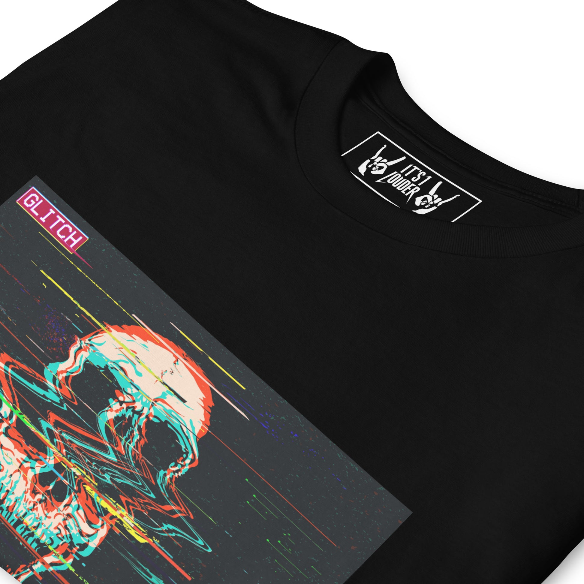 Black t-shirt with digital glitch skull - alternative front view