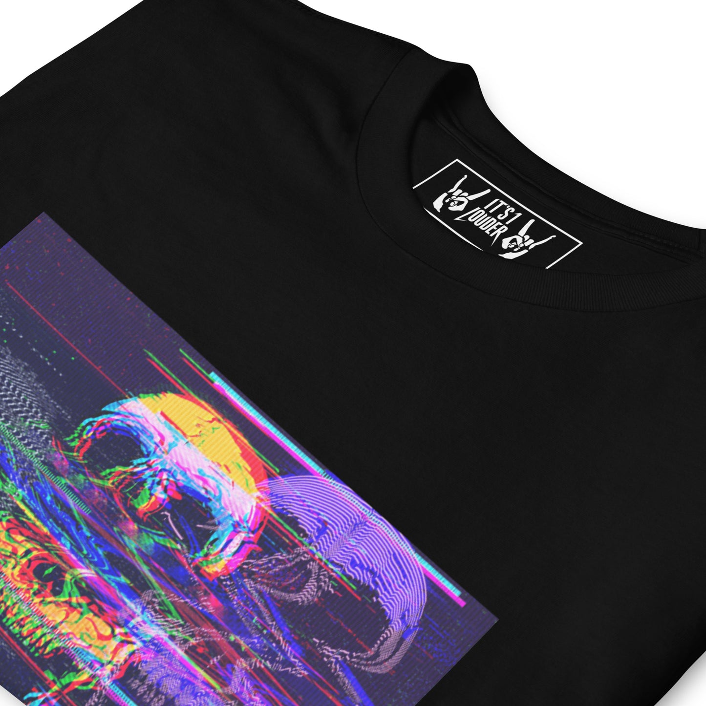 Black t-shirt with a colorful skull head graphic design on a white background