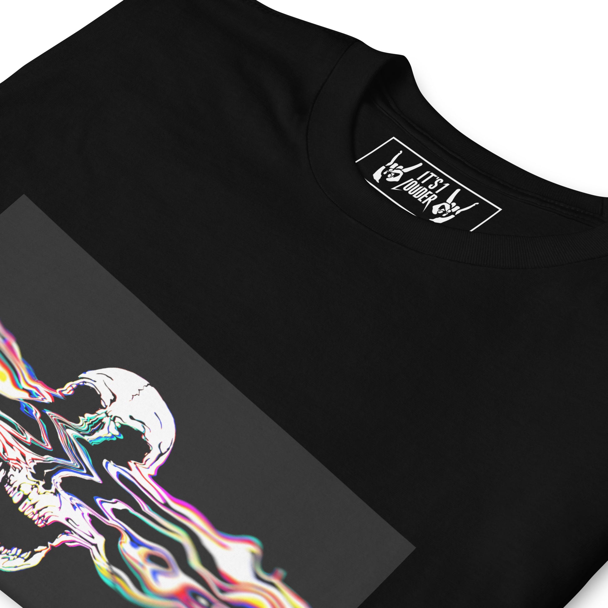 Black skull graphic t-shirt close-up - Rebel Riser detail view