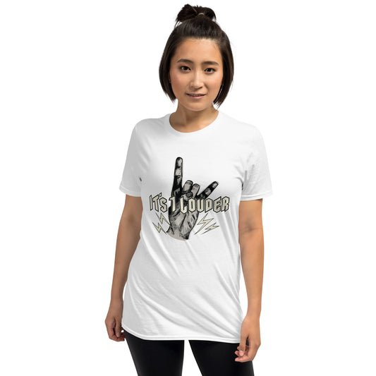 Black unisex band t-shirt with the bold rock-horns / devil-horns hand graphic and 'IT'S 1 LOUDER' typography, classic crew neck heavy metal streetwear for metalheads and rock fans.
