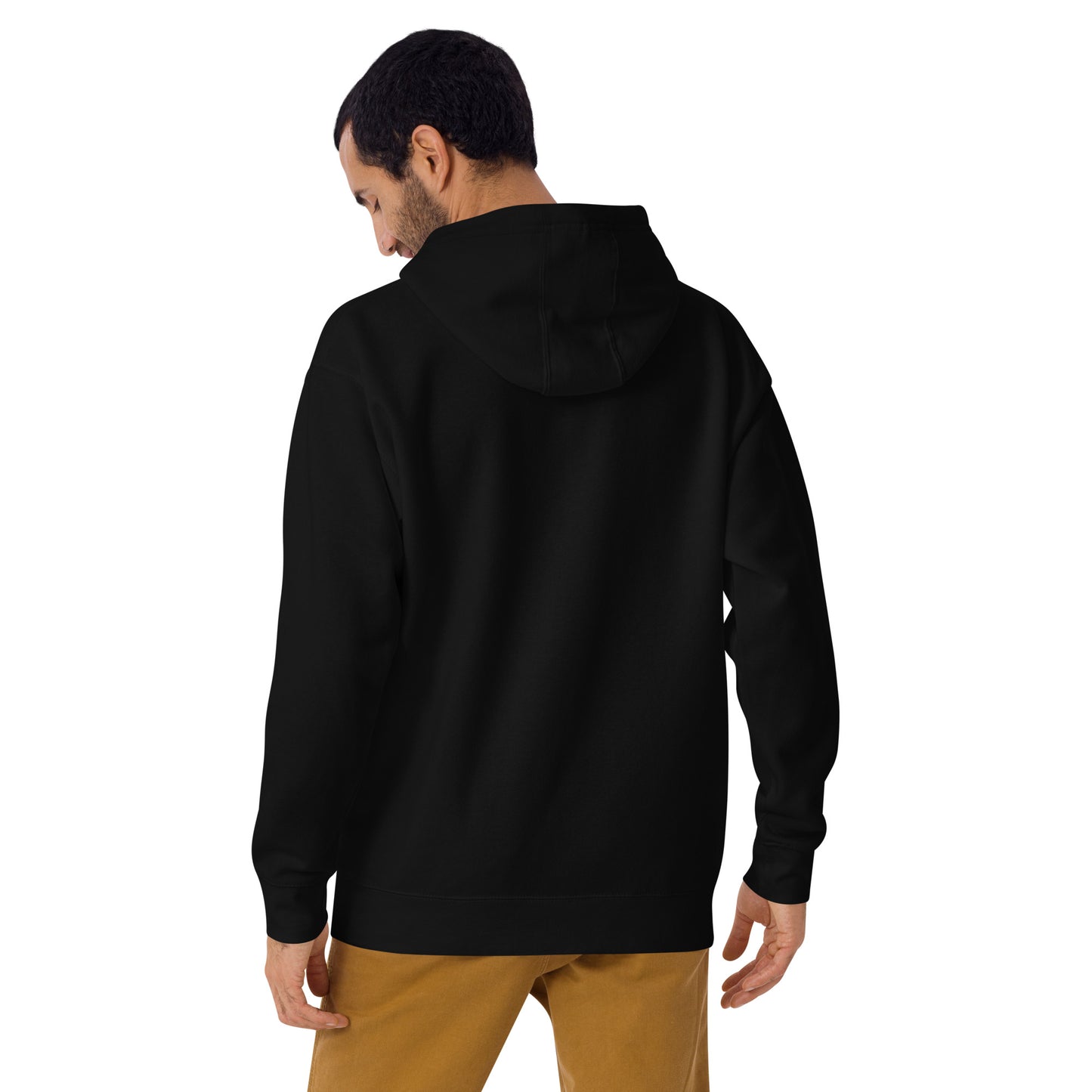 Back view of the plain black Drumsticks unisex pullover hoodie