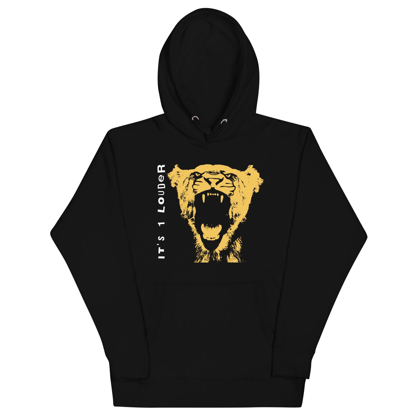 Front view of the black Rock and Roar hoodie with gold big cat and vertical IT'S 1 LOUDER lettering