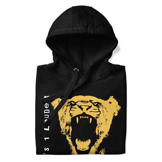 Folded black hoodie with gold roaring big cat graphic and vertical It's 1 Louder wordmark