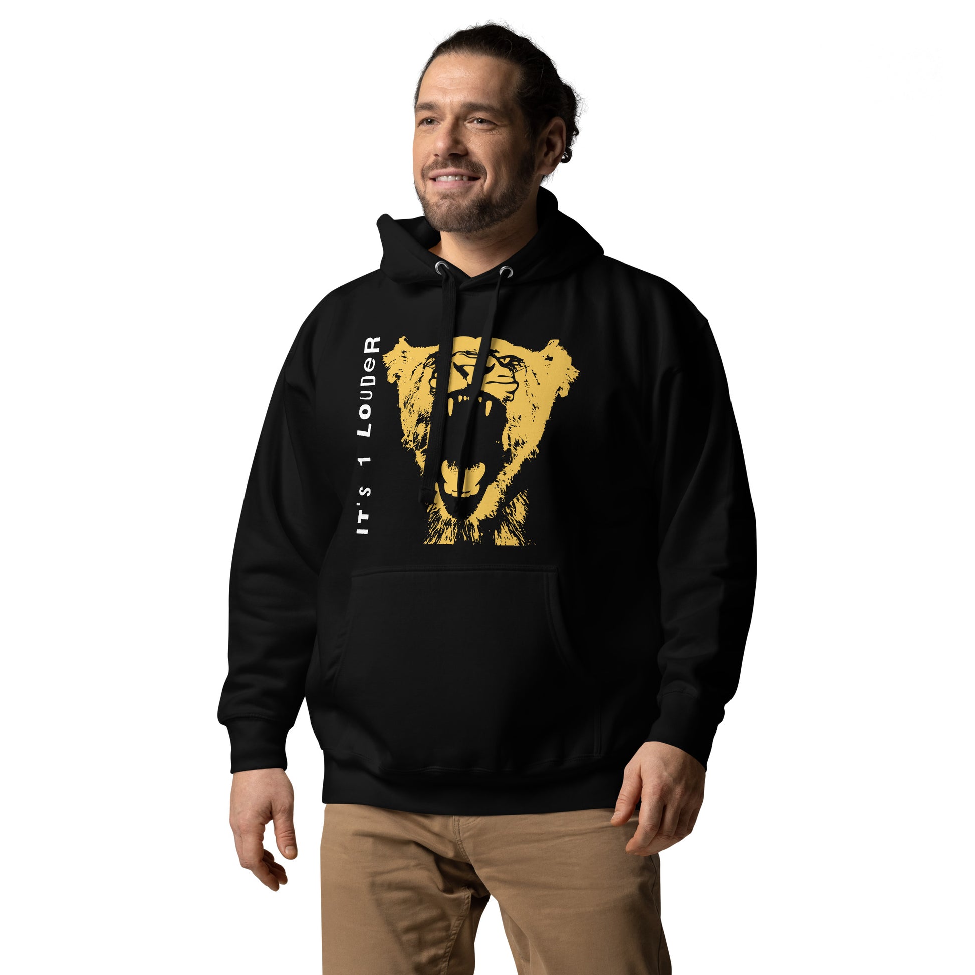 Male model wearing the black Rock and Roar hoodie with gold roaring big cat print