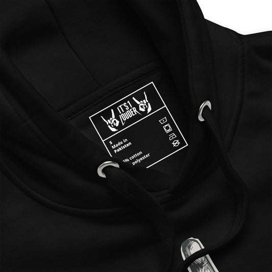 Rock Hand Sign Hoodie from It's 1 Louder showing the rock horns chest print, drawstring hood and kangaroo pocket.