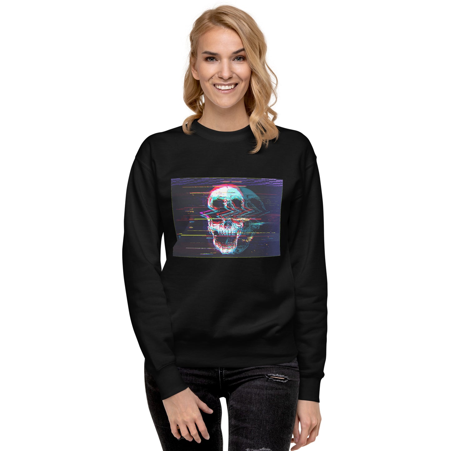 Woman wearing black unisex sweatshirt featuring DJ skull with headphones - music lover gift