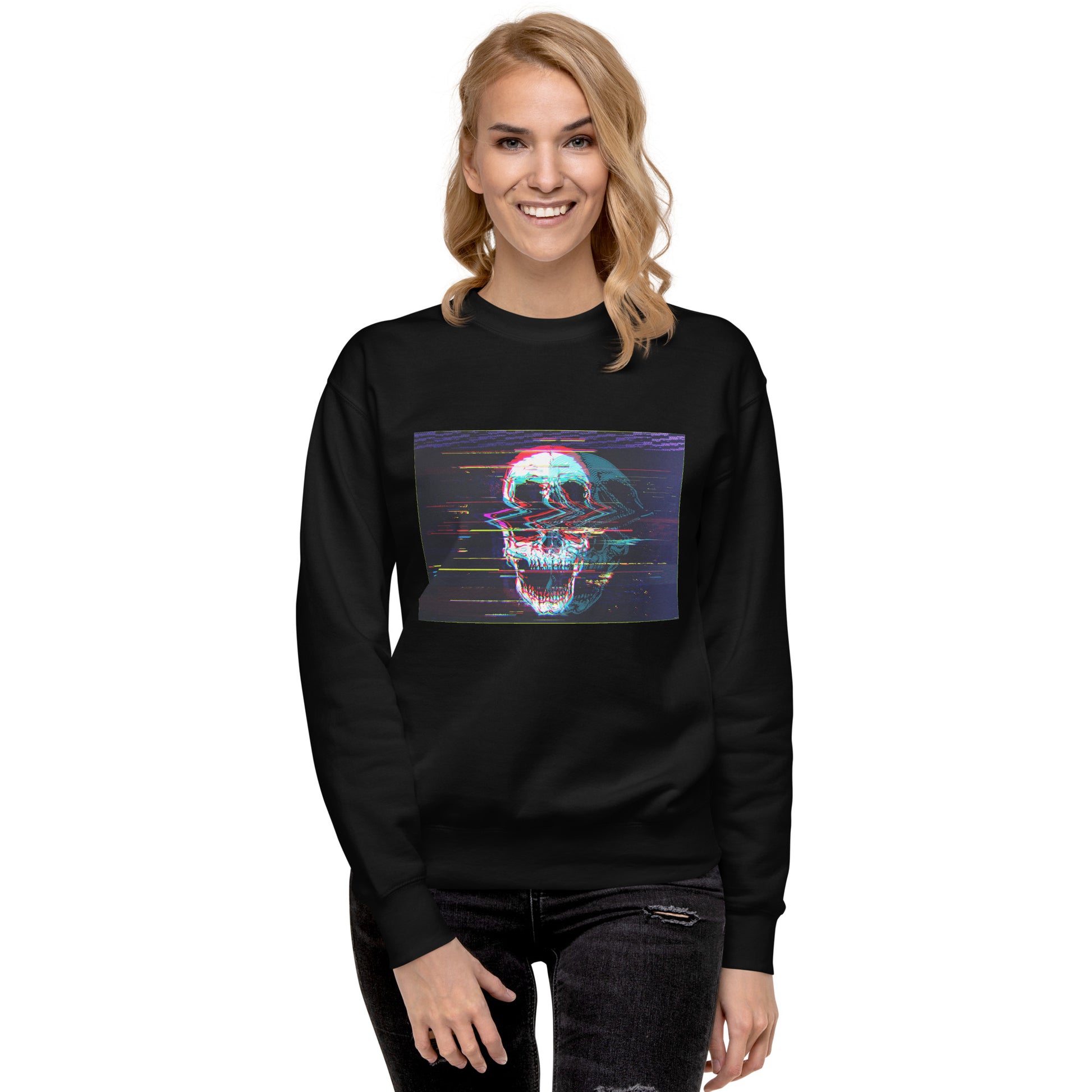 Woman wearing black unisex sweatshirt featuring DJ skull with headphones - music lover gift
