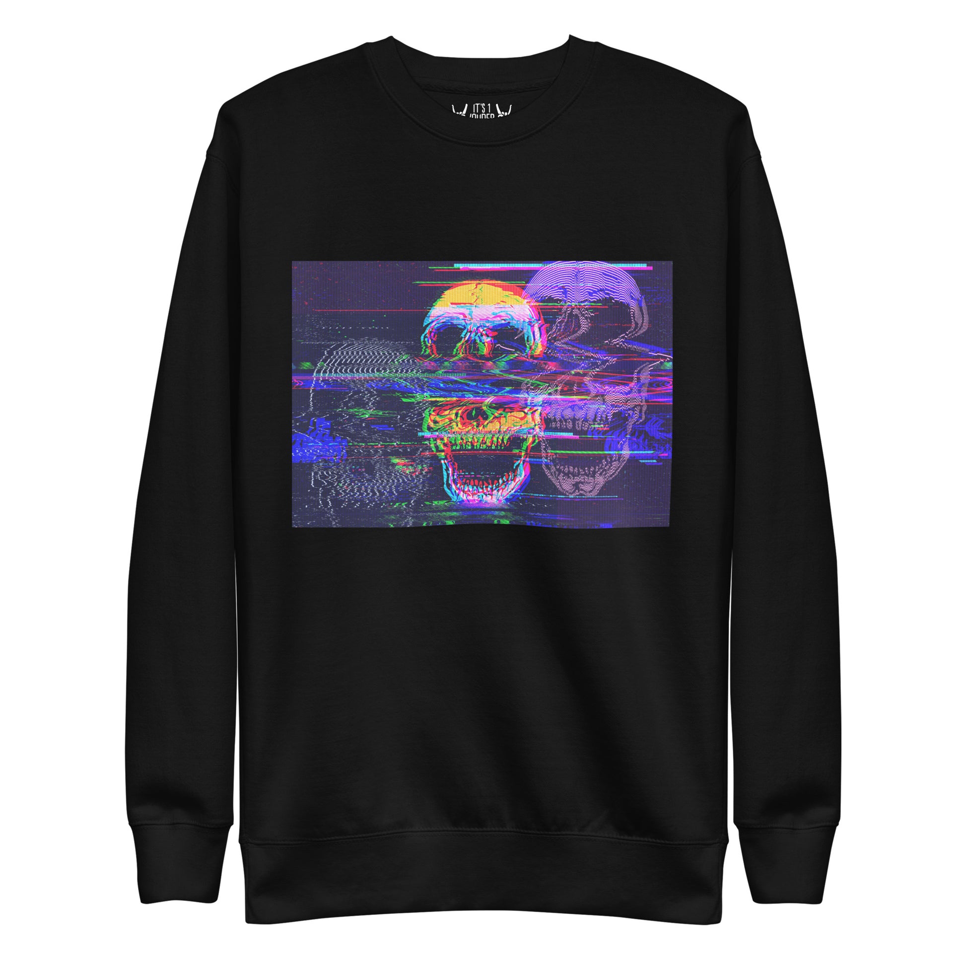 Black unisex sweatshirt with glitch effect skull - front view