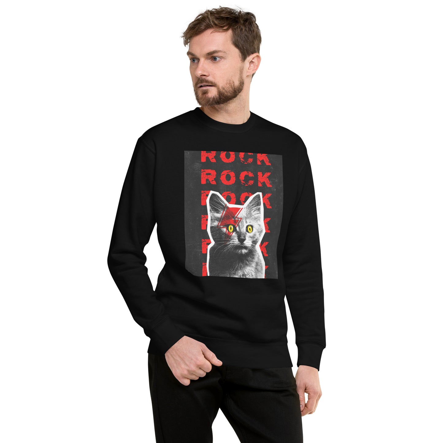 Rock Cat-titude black sweatshirt on model - alternative music apparel