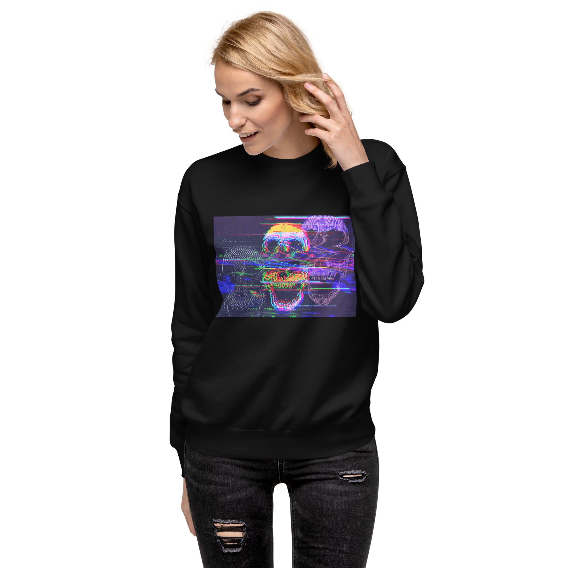 Woman wearing Glitched Outlaw black premium sweatshirt - digital skull artwork