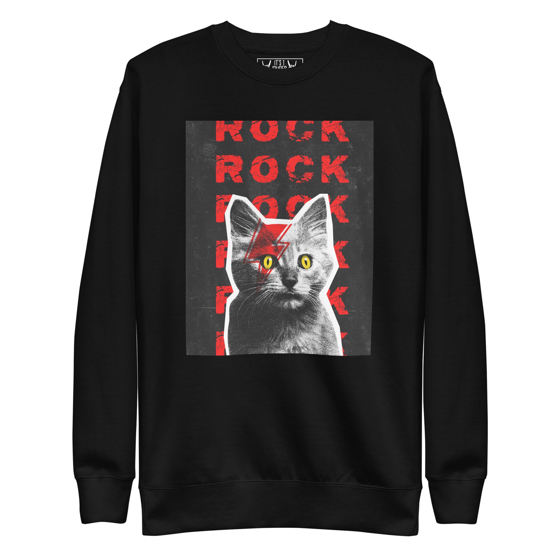 Black rock cat sweatshirt front view - punk cat face paint design