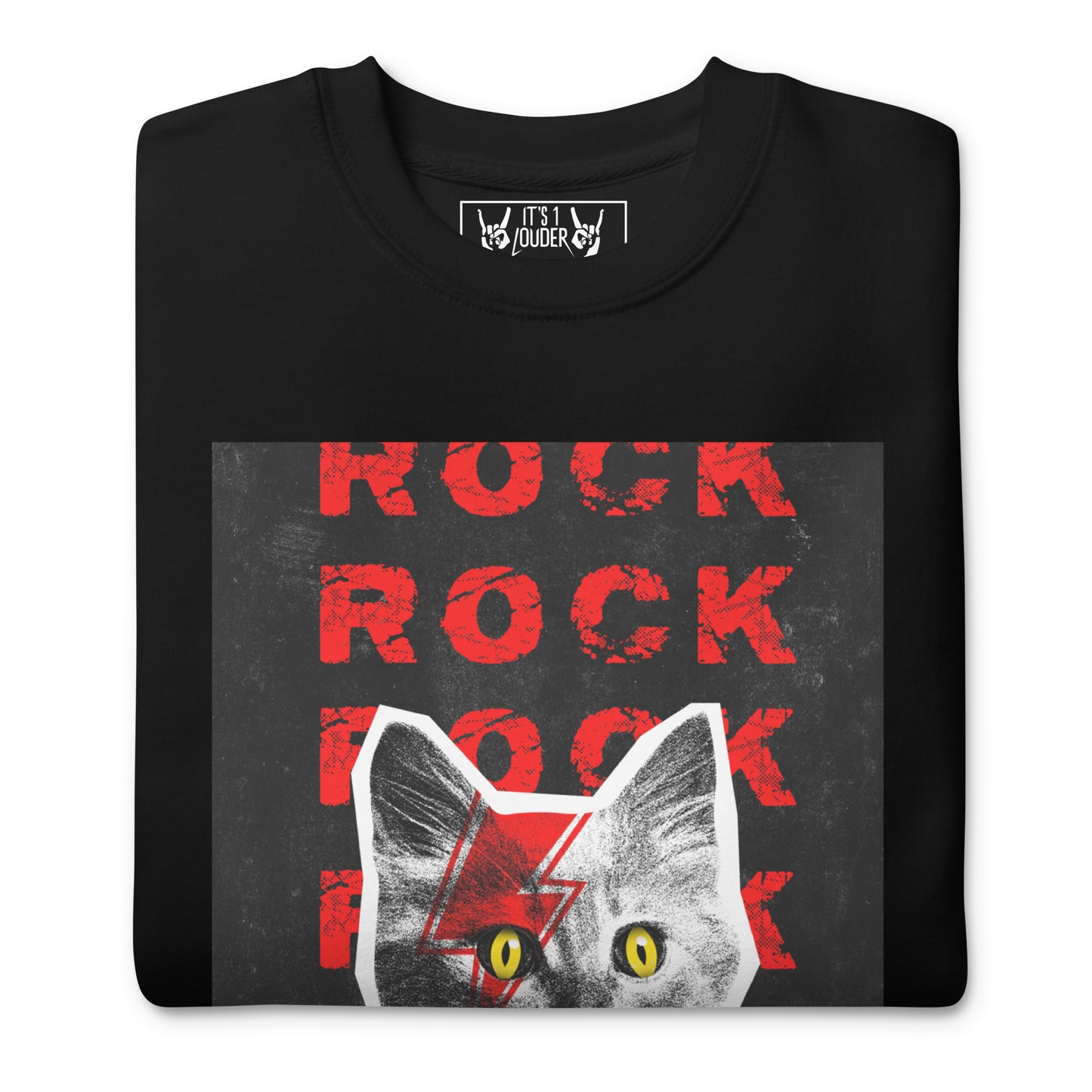 Black t-shirt with red and white graphic design of a cat and 'Rock' text on a white background