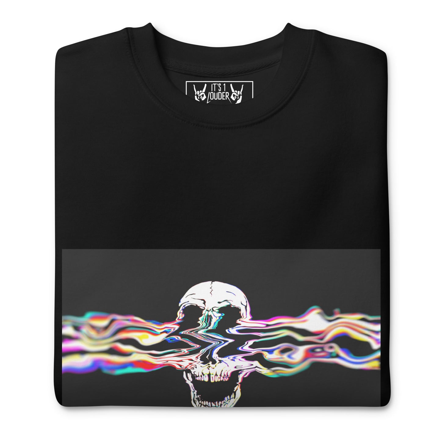 Black unisex sweatshirt with vibrant skull graphic - rock music apparel