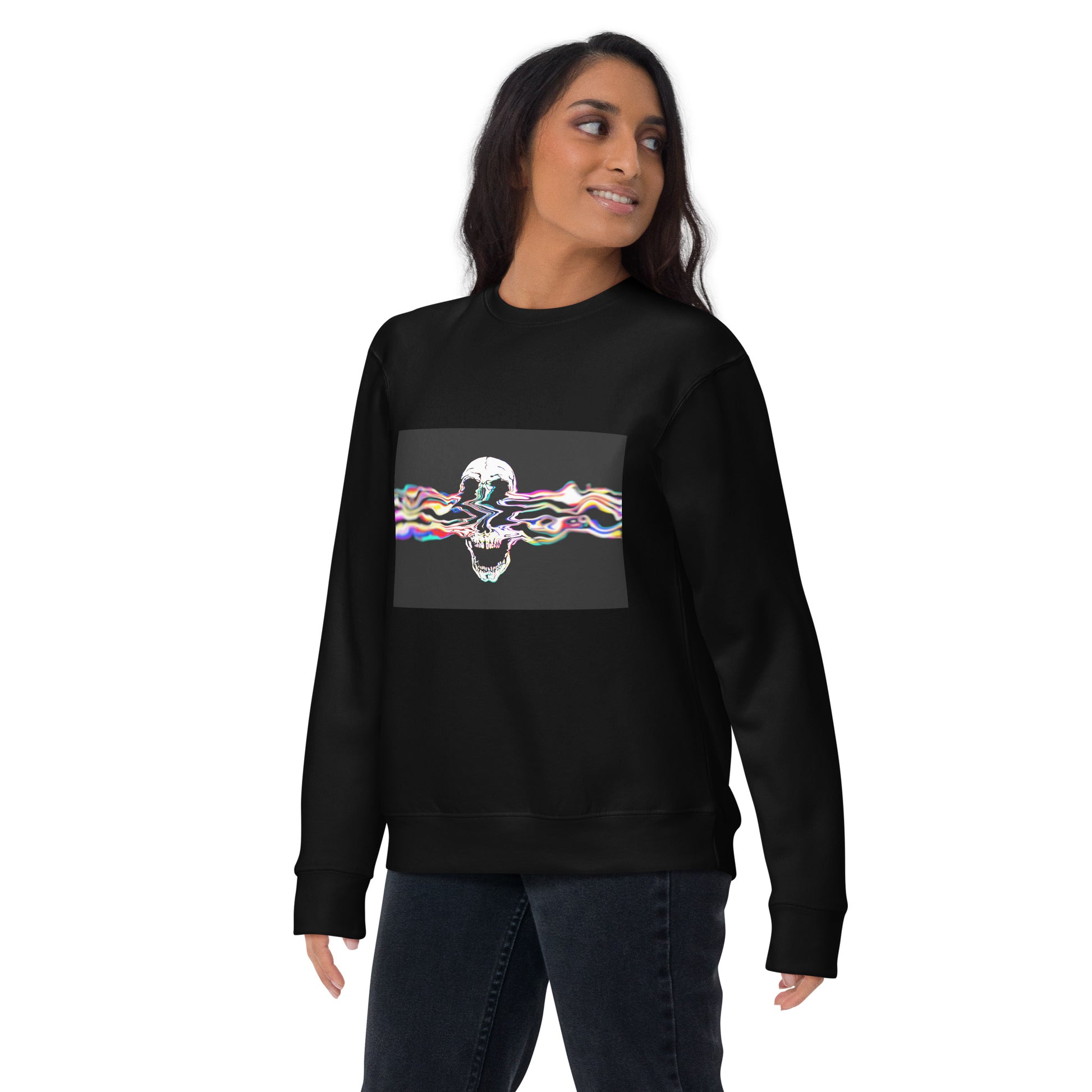 Woman wearing Rebel Riser sweater with glitch effect skull - alternative fashion
