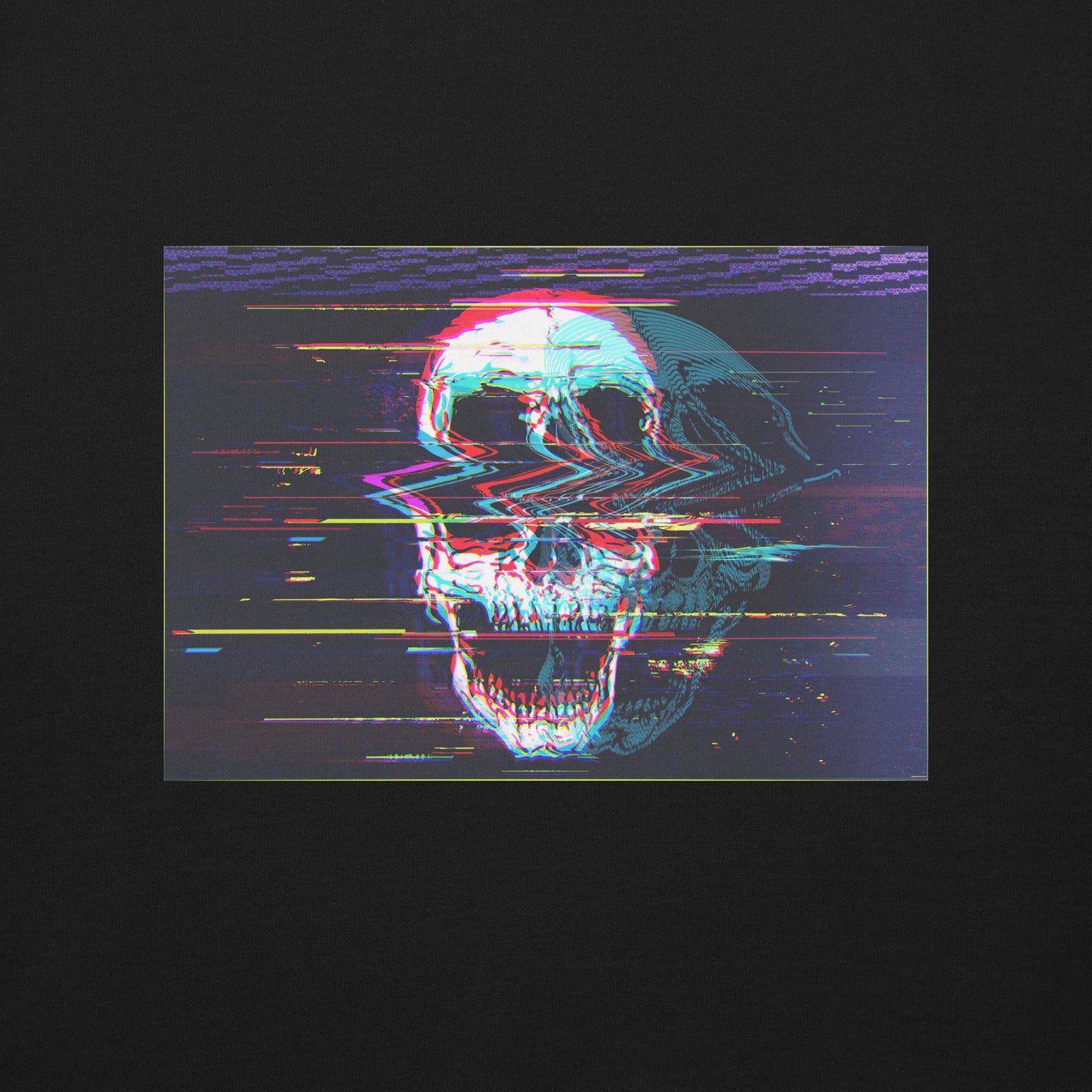 Digital art of a skull with glitch effects on a black background