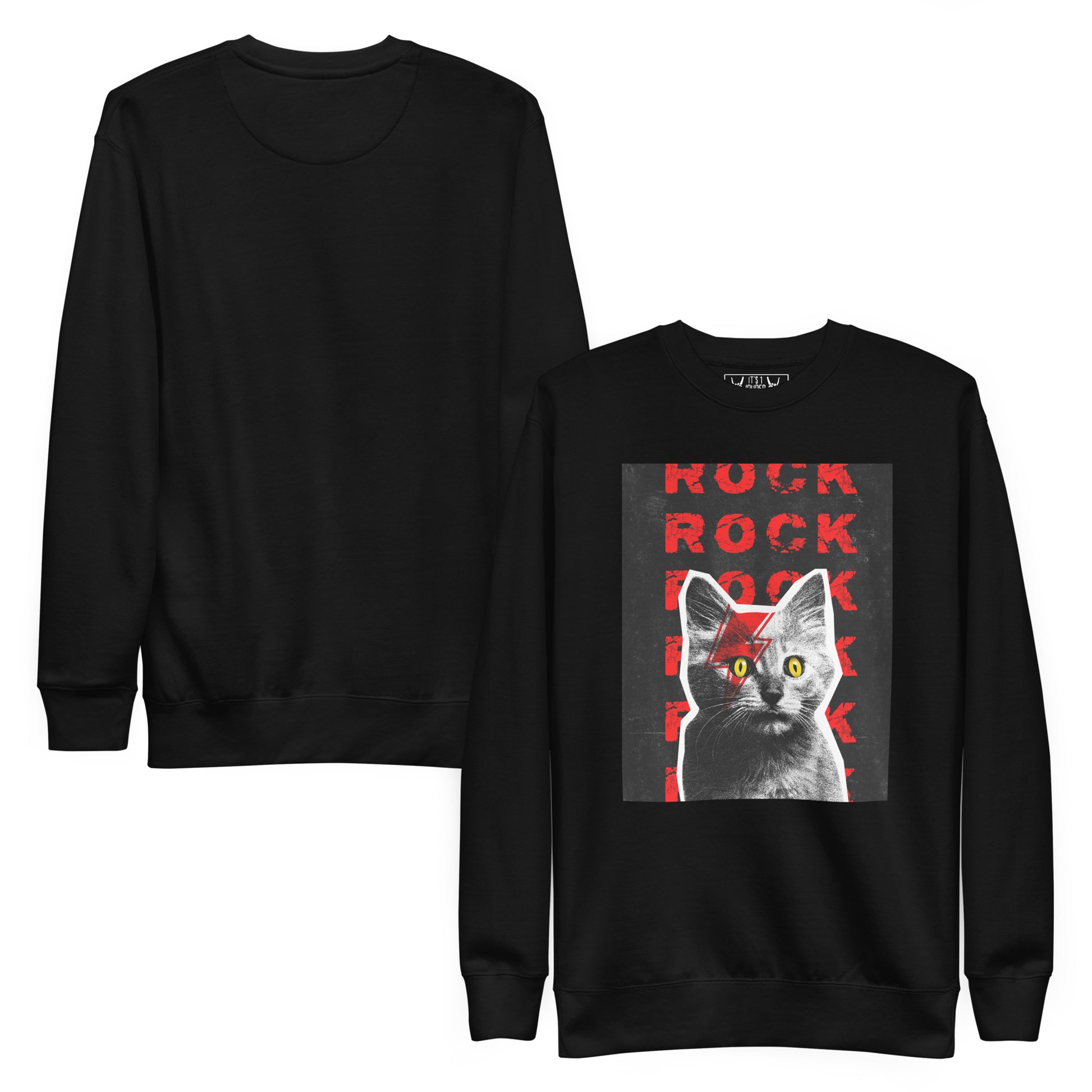 Rock Cat-titude black premium sweatshirt - punk rock cat graphic front and back