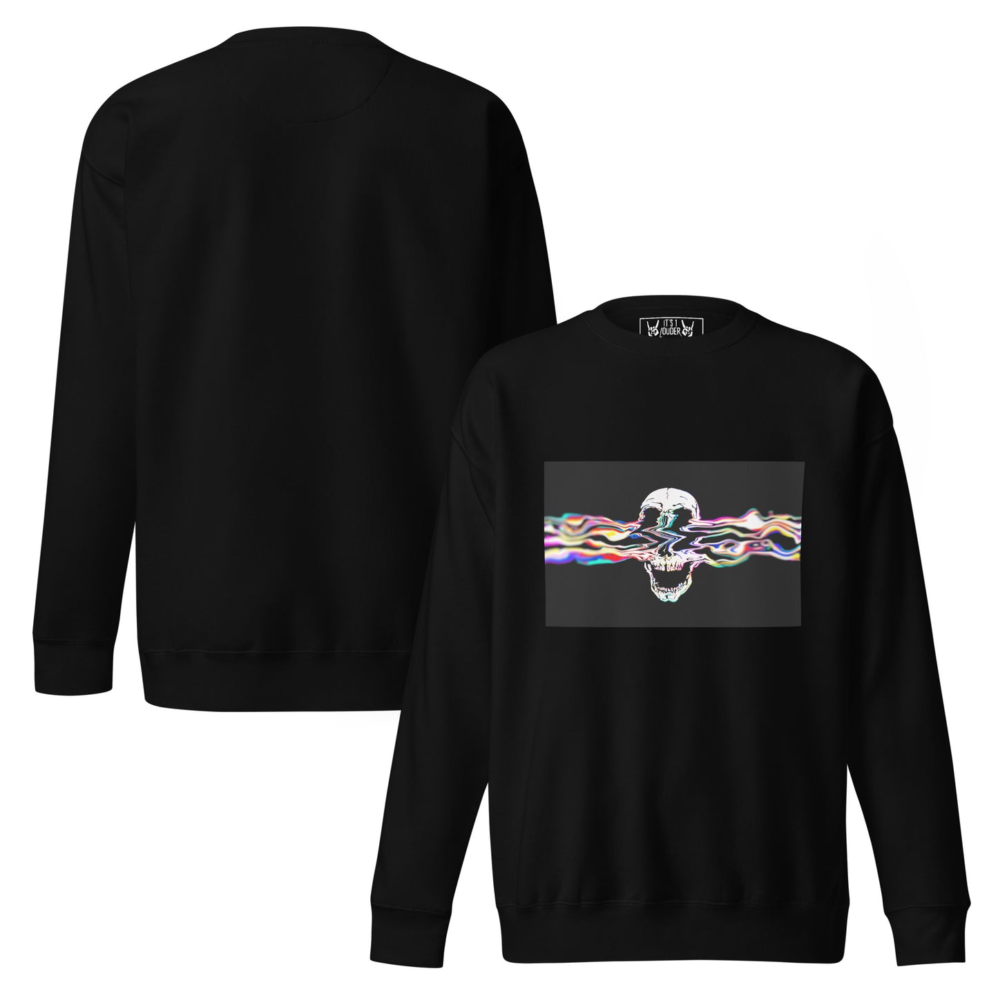 Rebel Riser black premium sweatshirt front and back - digital skull artwork