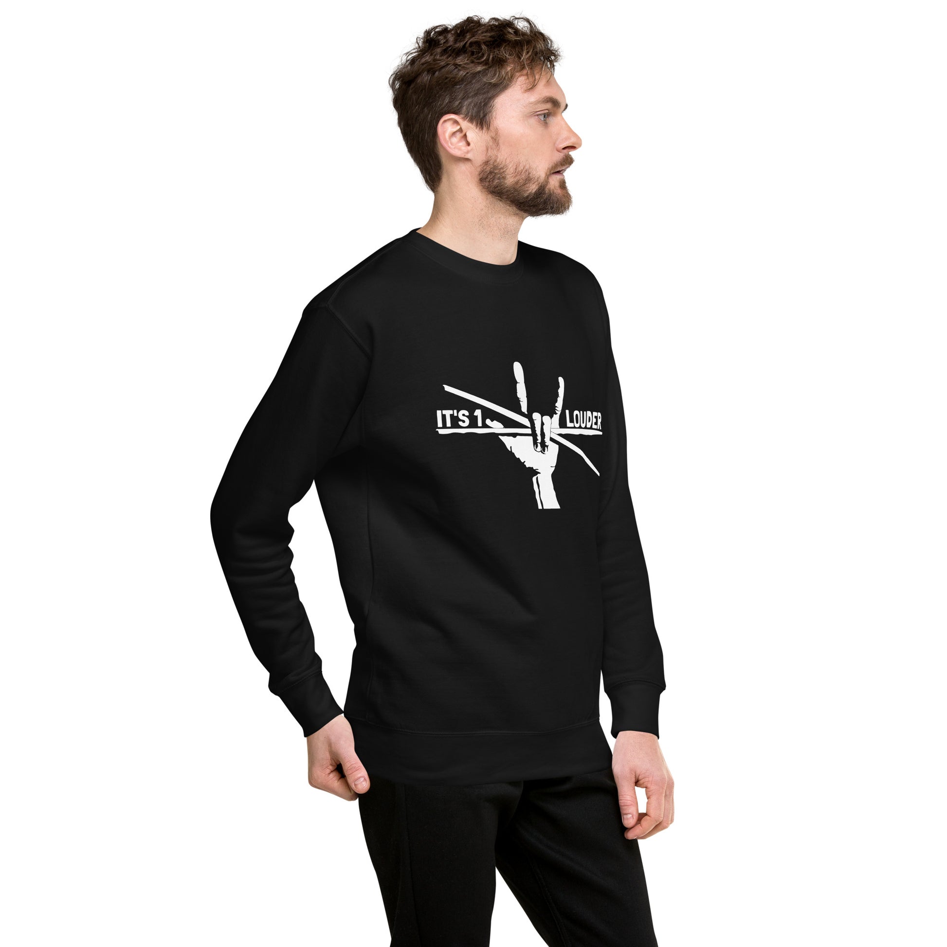 Male model wearing the black Drumsticks sweatshirt with the white It's 1 Louder drumsticks graphic