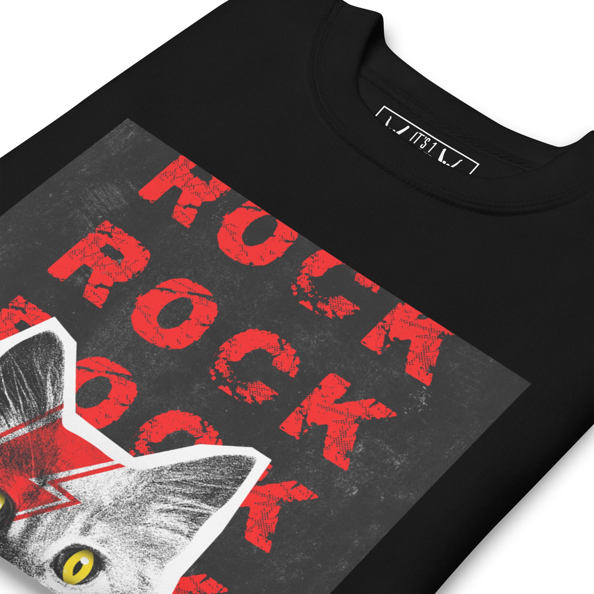 Rock Cat-titude premium sweatshirt close-up - punk cat graphic detail