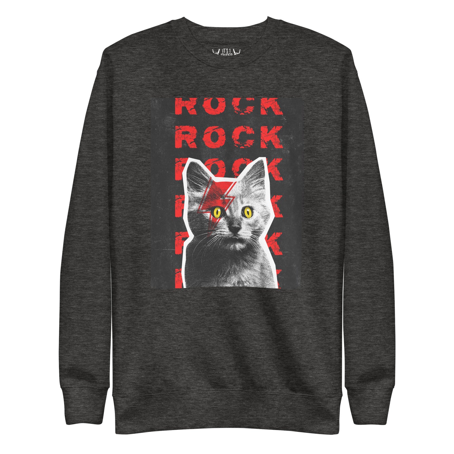 Charcoal rock sweatshirt with cat face paint graphic - Rock Cat-titude design
