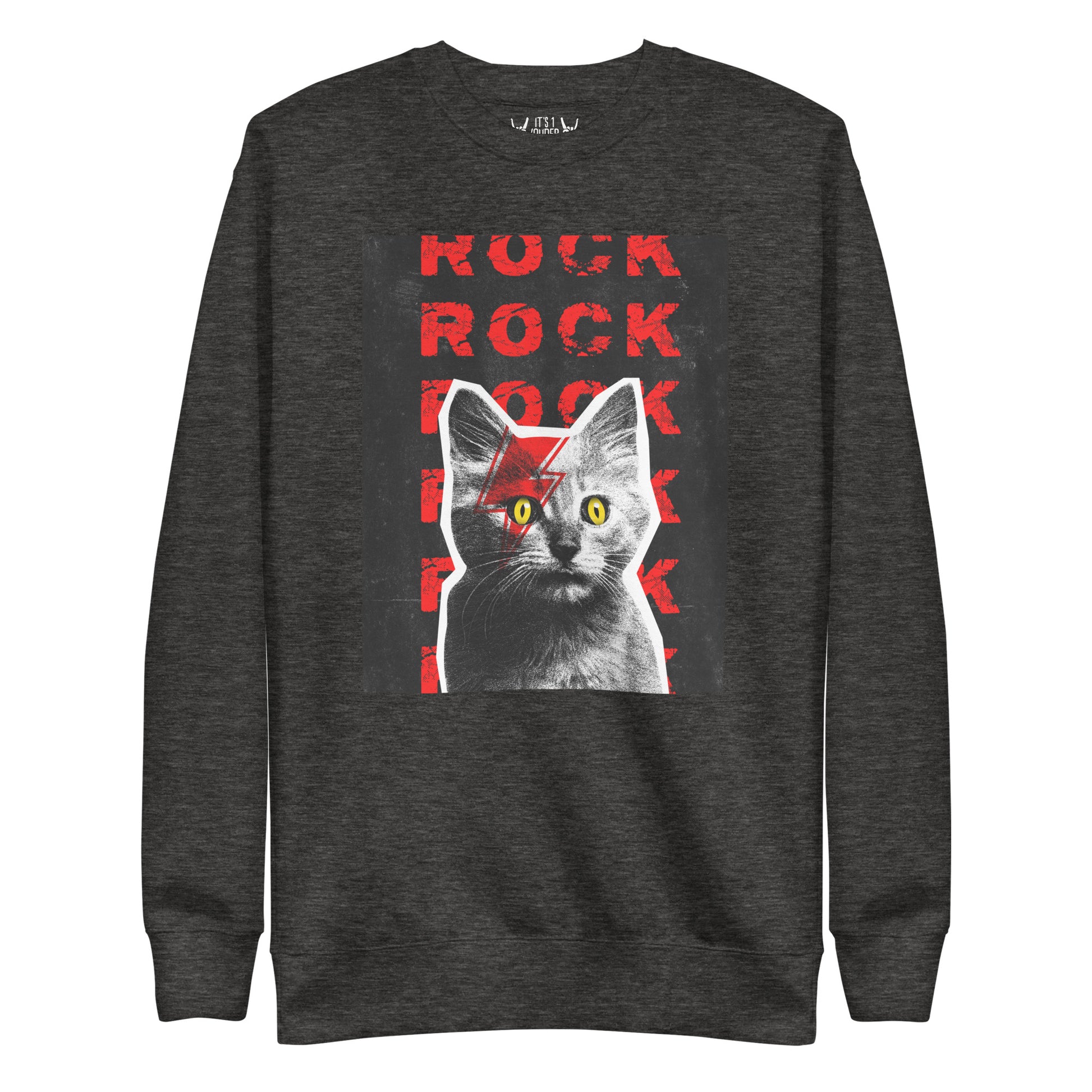 Charcoal rock sweatshirt with cat face paint graphic - Rock Cat-titude design